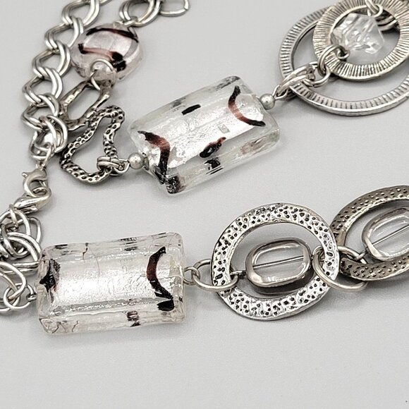 Silver Tone Striped Art Glass Pendant Necklace Linked Interlocking Circles 28" - Picture 4 of 10